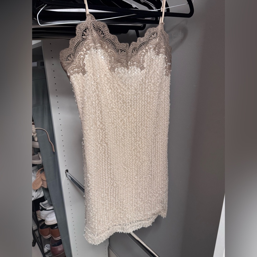 Kenneth Cole Cream Sequin Lace-Trim Mini Dress